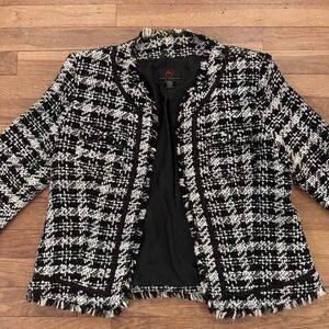 True Meaning black white tweed open front 3/4 sleeve career jacket sz large
 b49